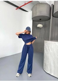 Resim Osy Modal Yumuşak Dokulu Kumaş Kısa Kollu Bluz Rahat Pantalon Ikili Takım- Lacivert Lacivert 