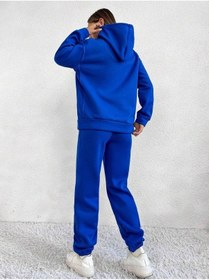 Resim Eşofman Takımı Sweatshirt - Sax Mavi Baskılı Oversize Şardonlu Kapüşonlu Lacivert 