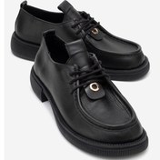 Resim Band Siyah Cilt Hakiki Deri Bağcıklı Kadın Loafer Ayakkabı Siyah 