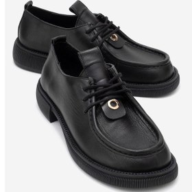 Resim Band Siyah Cilt Hakiki Deri Bağcıklı Kadın Loafer Ayakkabı Siyah 