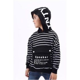 Resim Toontoy Kids Toontoy Erkek Çocuk Oversize Kapüşonlu Düşük Omuz Baskılı Çizgili Sweatshirt - Garnili & 2 İplik Siyah 
