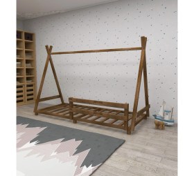 Resim Panda Doğal Ahşap Bebek ve Çocuk Montessori Karyola Ceviz Renk 