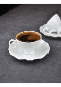 Resim 12 Parça Porselen Kahve Fincan Seti 90 Ml Yaldızlı Türk Kahvesi Fincanı Takımı Lilyum Gümüş 