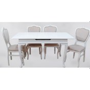 Resim Masa Sandalye Lükens Aslan Ayak Model Takım Kayın Oymalı Açılır Tabla Torna Parlak Beyaz El Yapım 