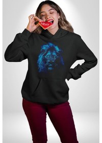 Resim Aslan Mavi Gözlü Kadın Erkek Siyah Kapüşonlu Sweatshirt Hoodie Siyah 