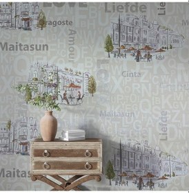 Resim Cafe Harfli Şehirli Krem 16 M2 Duvar Kağıdı 10362-1 Çok Renkli 