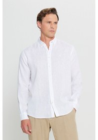 Resim AC&Co / Altınyıldız Classics Erkek Beyaz %100 Keten Comfort Fit Rahat Kesim Düğmeli Yaka Gömlek Beyaz 