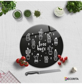 Resim Decorita Cam Kesme Tahtası | Free Hugs - Siyah Fon | Çap32 