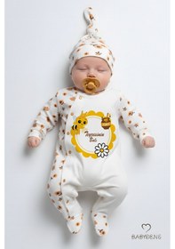 Resim Babyden's Teyzesinin Balı Yazılı Yenidoğan Bebek Tulumu Şapka Seti Arı Desenli %100 Pamuk Çıtçıtlı Bebek Tulum Ekru 