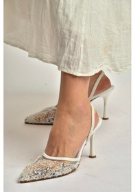 Resim Fox Shoes Y726493615 Beyaz File Pullu İşlemeli İnce Topuklu Ayakkabı Beyaz 