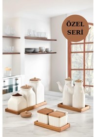 Resim 10 Parça Standlı Yağlık Baharatlık Tuzluk Takımı Çay Kahve Şeker Kavanozu Seti Yağdanlık Tuzluk Biberlik Beyaz 