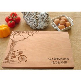 Resim Kişiye Özel Bisiklet Ve Ağaç Desenli Ahşap Kesme Tahtası 