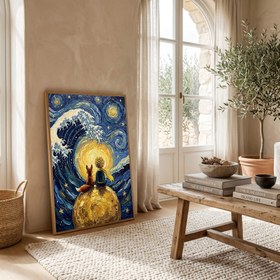 Resim Little Prince Fox &amp; Planet Print - Van Gogh-Style Nursery Wall Art - With Hanger - Black / 12 x 16" (30x40 cm) 