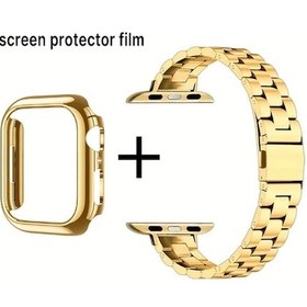 Resim Sunshine022 14 Çelik Bileklik + Delikli Kasa Kadın Metal iOs Watch Uyumlu Kayışı Altın Pembe 