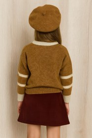 Resim CLOUDY WEAR&DESİGN Çizgili Kol Detaylı Bisiklet Yaka Kışlık Kız Çocuk Kahverengi Triko Kazak (5-14 Yaş) 