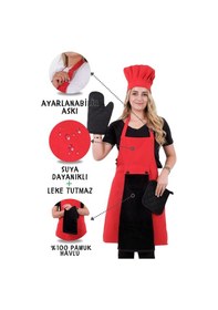 Resim Star Ayar Askılı 5li Mutfak Önlüğü Seti Ayar Askılı Havlulu Önlük, Şapka, Eldiven, Tutacak Kırmızı-siyah-siyah 