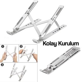 Resim MacBook Notebook Uyumlu Katlanabilir Taşınabilir Metal Gümüş Laptop Standı 