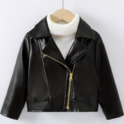 Resim Kısa suni deri ceket, yaka ve çapraz fermuarlı, astarlı değil. 