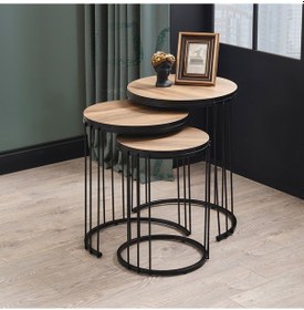 Resim Siyah Metal Ayak Ceviz Üçlü Zigon Sehpa 