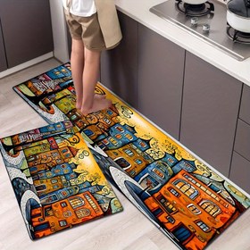 Resim 1 adet 1.2cm kalınlığındaki kaymaz zemin matı - Canlı şehir manzarası 3D baskılı tasarım, makinada yıkanabilir polyester, mutfak, çamaşırhane ve banyo için ideal - Odanın dekorasyonunu güçlendirir ve zemin koltuğunu korur, banyo zemin matı | Canlı zemin matı | Dayanıklı zemin matı, banyo matı 
