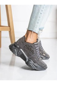 Resim Prego (Tayyar) Gri Taşlı Yüksek Taban Bağcıklı Poli Hafif Taban Kadın Spor GUMÜŞ 