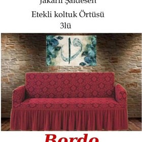 Resim Şal Desen Koltuk, Kanepe, Çekyat Örtüsü, Etekli 3lü Bordo Bordo 