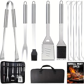 Resim 14 adet Paslanmaz Çelik BBQ Izgara Aksesuarları Seti, Taşınabilir Pratik Izgara Araçları ve Depolama Çantası ile Açık Hava Izgara Kampı Arka Bahçe için mükemmel Babalar Günü Izgara Hediyesi 