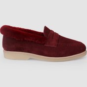 Resim Hakiki Deri Bordo Süet Kürklü Kadın Loafer Bordo 