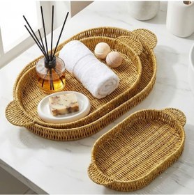 Resim Büro Ev Ofis Sofra Servisi İçin 3adet Plastik Hasır Stil Rattan İçe Geçen Oval Tepsi Seti Diğer 