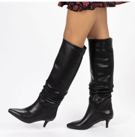 Resim Vegan 6.5 Cm Kısa Rahat Topuklu Sivri Burunlu Körüklü Uzun Kadın Çizme Siyah 