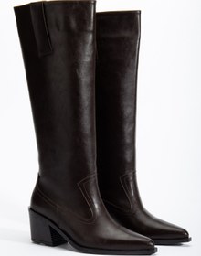 Resim DENORA Acı Kahve Mat Deri Düz Binici Western Kovboy Bot Çizme 