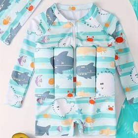 Resim Çocuklar için Lwersimmg Karikatür Tek Parça Mayo, Çıkarılabilir Yüzerlik - Gökyüzü Mavisi Deniz Hayvanı Tasarımı, Esnek Polyester Kumaş, Fermuarlı Kapatma, Sadece Elde Yıkama, Yüzme ve Şnorkelle Dalış İçin Mükemmel 