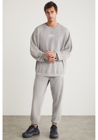Resim Alex Erkek Örme Bisiklet Yaka Relaxed Fit Lastikli Paça Açık Gri Eşofman Takımı 