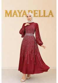 Resim Mayabella İşlemeli Saten Tesettür Abiye Bordo Bordo 