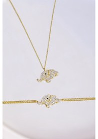 Resim Papatya Silver 925 Ayar Gümüş Gold Kaplama Zirkon Taşlı Fil Kolye ve Bileklik Set 