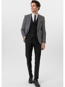 Resim Süvari Siyah Slim Fit Desenli Sivri Yaka 6 Drop Yelekli Klasik Takım Elbise-35685 Siyah 