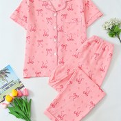 Resim İki Parça Kadın Pijama Takımı, Yaka ve Uzun Pantolonlu Kısa Kollu Düğmeli Gömlek ile, Kurdele Baskısı, Bahar, Yaz ve Sonbahar için Rahat Giyim 