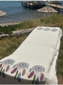 Resim Desenli Beyaz Peştemal %100 Pamuk 100x200 Cm Plaj Ve Banyo Havlusu Çok Renkli 