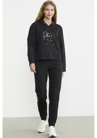 Resim Baskı Detaylı Kapüşonlu Eşofman Takım - Siyah 001 