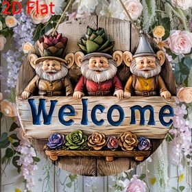 Resim 2D Düz - 1 adet 2D Düz, Gnome ile Vintage Hoşgeldin İşareti - Dekoratif Bahçe Plakası, Çelenk Kapı Süsü, Ev ve Çiftlik Verandası Dekoru, Tüm Durumlar İçin Uygun 