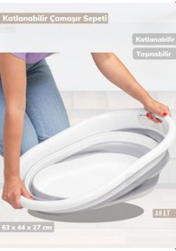 Resim Çamaşır Sepeti Katlanır Sele Silikon Sepet Büyük Boy 38 Lt. Beyaz Gri 