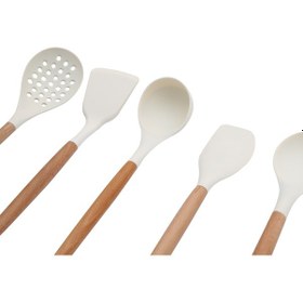 Resim 8 Parça Bambu Saplı Silikon Kepçe Spatula Mutfak Seti Krem 