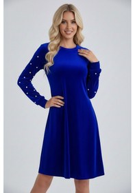 Resim Defymoda Kadın A Form Uzun Kollu İnci Detaylı Kadife Elbise Mavi 