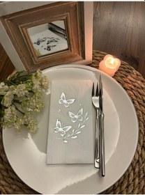 Resim Gümüş Yaldızlı Beyaz Kelebek Yaprak Detaylı Peçete 16 Adet 