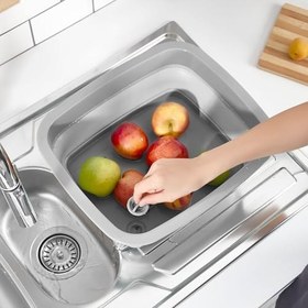 Resim Katlanabilir Bulaşıklık ve Badya, Gri, 32x32 cm, Akordiyon Tasarım, Kaşıklık Bölmeli, Tabaklık Kurutmalık, Çok Amaçlı Mutfak Organizeri 