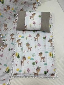 Resim Müslin Kumaş ve Ponponlu Alt Açma, Yastık ve Battaniye 3'lü Set 