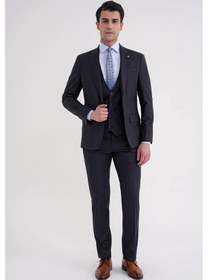 Resim Efor Slim Fit Çift Yırtmaç Çizgili Esnek Yünlü Lacivert Yelekli Klasik Takım Elbise Tk 935 Lacivert 