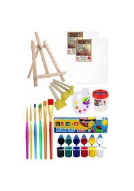 Resim Mini Şövale 25x35 2 Li Tuval Mydido 6 Renk Akrilik Boya Başlangıç Seti Fırça Palet Ponpon Su Kabı Masaüstü Sanatsal 