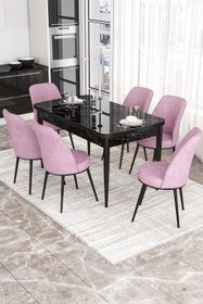 Resim Canisa Via Serisi 80x132 Açılabilir Mutfak Masası Takımı Siyah Mermer Desen Masa 6 Pembe Sandalye 
