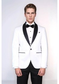 Resim Beyaz Şal Yaka Simli Slim Fit Smokin Ceket - Wessi White 